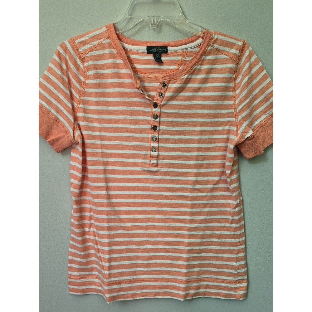 Ralph Lauren Top Womens L Orange Stripe S/S Snap Henley Western Coastal Casual